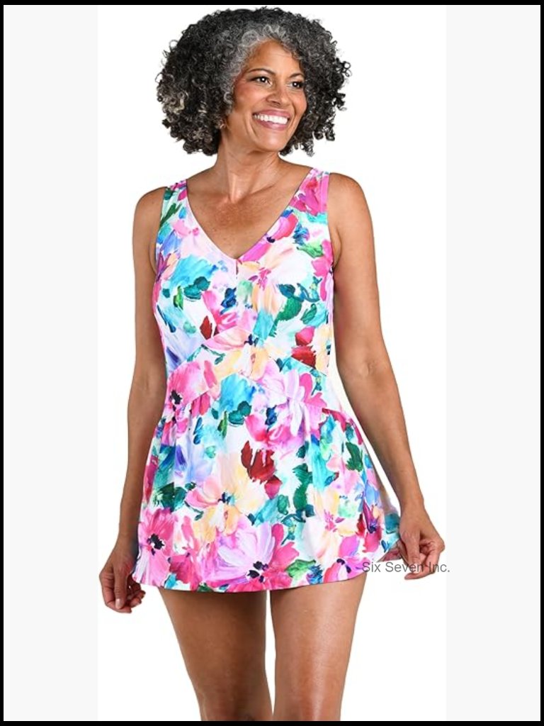 V-Neck Swim Dress One Piece Swimsuit With Adjustable Straps